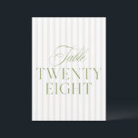 Elegant Sage Green & Beige Wedding 28 Table Number<br><div class="desc">This elegant table number features a soft beige striped background with refined sage green serif typography and subtle script accents. Designed for garden weddings, refined receptions, and timeless outdoor celebrations. Coordinates with the “Iris” Wedding Invitation Collection — click the collection link on this page to find matching items like menus,...</div>