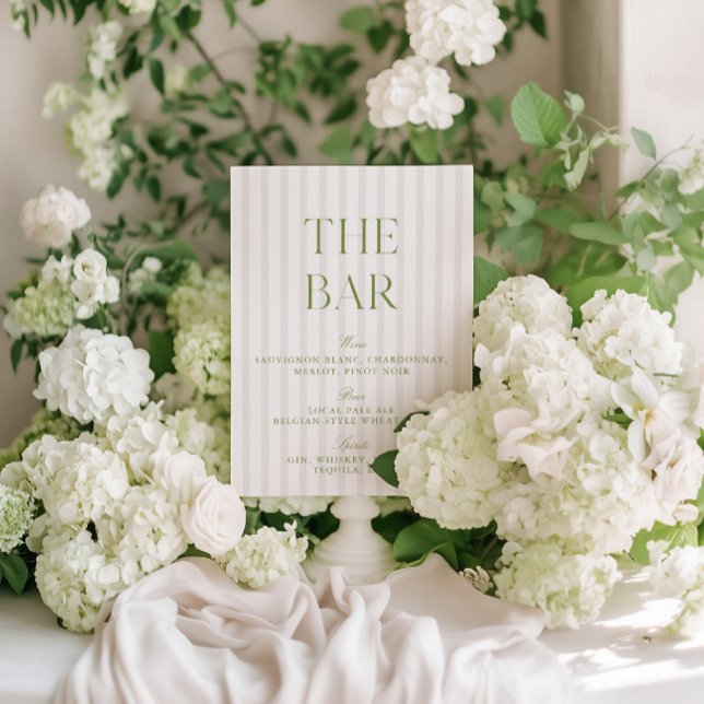 Elegant Sage Green & Beige Wedding Bar Sign Invitation (Elegant Sage Green & Blue Striped Wedding Bar)