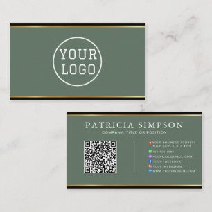 Elegant Sage Green Black Gold Professional QR Code Business Card