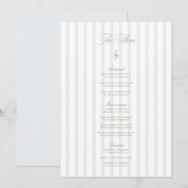 Elegant Sage Green & Blue Striped Wedding Menu Invitation (Front/Back)