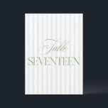 Elegant Sage Green & Blue Wedding 17 Table Number<br><div class="desc">This elegant table number features a soft beige striped background with refined sage green serif typography and subtle script accents. Designed for garden weddings, refined receptions, and timeless outdoor celebrations. Coordinates with the “Iris” Wedding Invitation Collection — click the collection link on this page to find matching items like menus,...</div>
