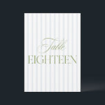 Elegant Sage Green & Blue Wedding 18 Table Number<br><div class="desc">This elegant table number features a soft beige striped background with refined sage green serif typography and subtle script accents. Designed for garden weddings, refined receptions, and timeless outdoor celebrations. Coordinates with the “Iris” Wedding Invitation Collection — click the collection link on this page to find matching items like menus,...</div>