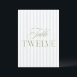 Elegant Sage Green & Blue Wedding Table Number<br><div class="desc">This elegant table number features a soft blue striped background with refined sage green serif typography and subtle script accents. Designed for garden weddings, refined receptions, and timeless outdoor celebrations. Coordinates with the “Iris” Wedding Invitation Collection — click the collection link on this page to find matching items like menus,...</div>