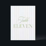 Elegant Sage Green & Blue Wedding Table Number<br><div class="desc">This elegant table number features a soft blue striped background with refined sage green serif typography and subtle script accents. Designed for garden weddings, refined receptions, and timeless outdoor celebrations. Coordinates with the “Iris” Wedding Invitation Collection — click the collection link on this page to find matching items like menus,...</div>