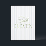 Elegant Sage Green & Blue Wedding Table Number<br><div class="desc">This elegant table number features a soft blue striped background with refined sage green serif typography and subtle script accents. Designed for garden weddings, refined receptions, and timeless outdoor celebrations. Coordinates with the “Iris” Wedding Invitation Collection — click the collection link on this page to find matching items like menus,...</div>