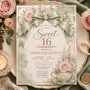 Elegant Sage Green Blush Coquette Bow Sweet 16 Invitation