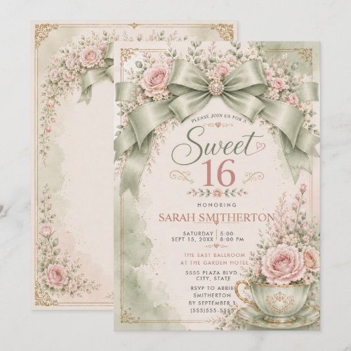 Elegant Sage Green Blush Coquette Bow Sweet 16 Invitation