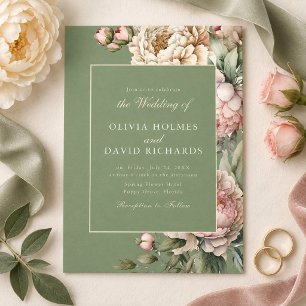 Elegant Sage Green Blush Peony Wedding Invitation