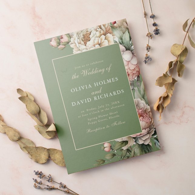 Elegant Sage Green Blush Peony Wedding Invitation (Creator Uploaded)