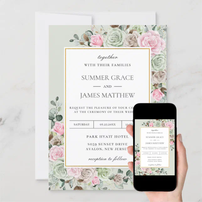 Elegant Sage Green Blush Pink Brown Floral Wedding Invitation | Zazzle