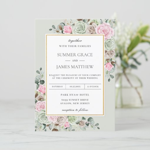 Elegant Sage Green Blush Pink Brown Floral Wedding Invitation | Zazzle