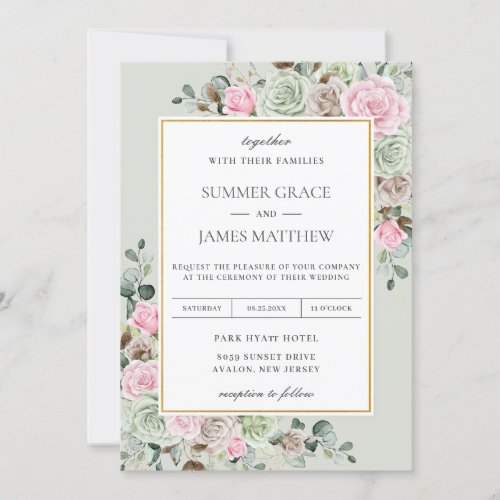 Elegant Sage Green Blush Pink Brown Floral Wedding Invitation