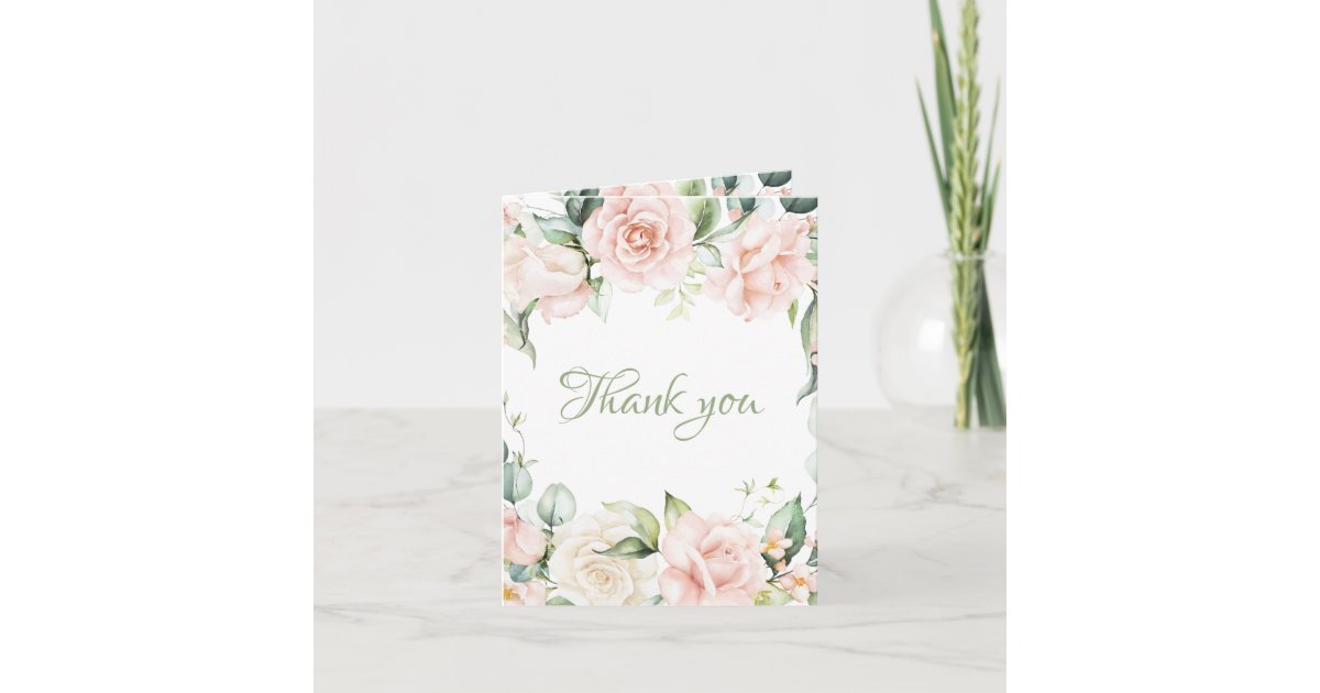 Elegant Sage Green Blush Pink Floral Wedding Thank You Card | Zazzle