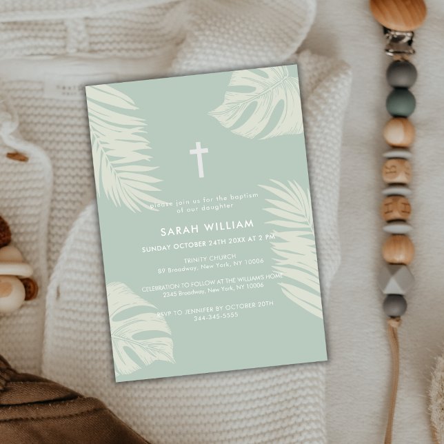 Elegant Sage Green Boho Leaves Cross Baptism  Invitation (Elegant Sage Green Boho Leave Gold Cross Baptism Invitation)
