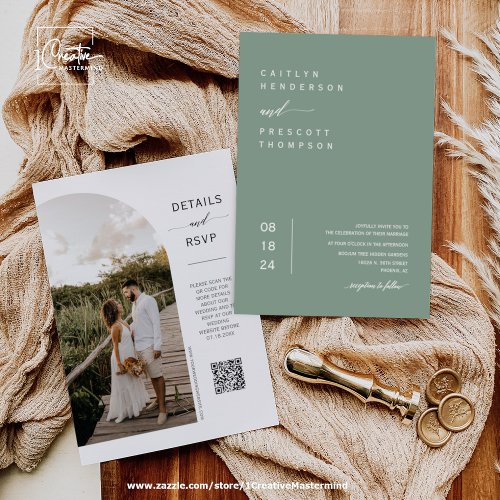 Elegant Sage Green Boho Photo QR Code Wedding  Inv Invitation