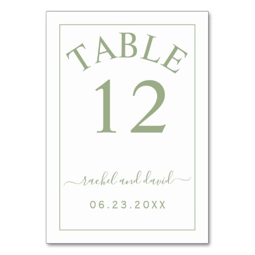 Elegant sage green border monochrome wedding table number