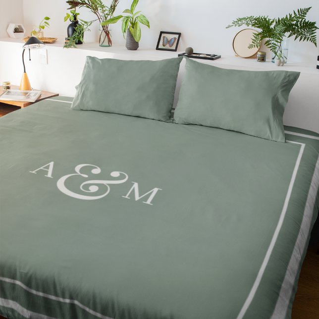 Elegant Sage Green Border Script Monogram King Duv Duvet Cover (Creator Uploaded)