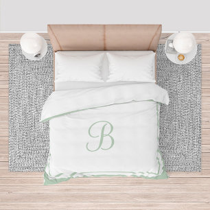 Elegant Sage Green Border Script Monogram King Duvet Cover