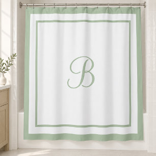 Elegant Sage Green Border Script Monogram Shower Curtain