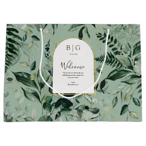 elegant sage green botanic leaves wedding welcome  large gift bag