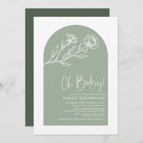 Elegant Sage Green Botanical Boho Baby Shower Invitation