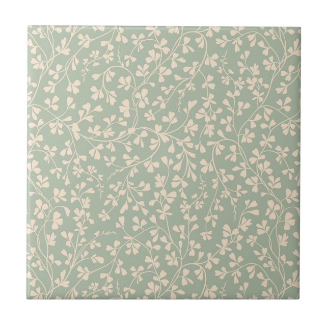 Elegant Sage Green Botanical Ceramic Tile (Front)