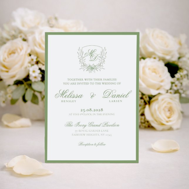 Elegant Sage Green Botanical Crest Wedding Invitation (Creator Uploaded)