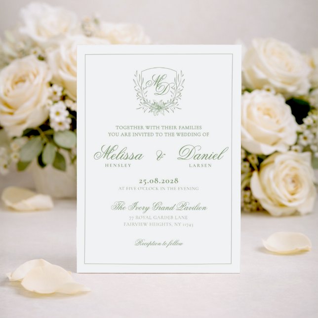 Elegant Sage Green Botanical Crest Wedding Invitation (Creator Uploaded)