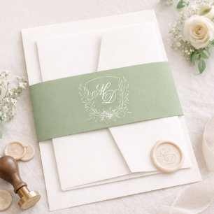 Elegant Sage Green Botanical Crest Wedding Invitation Belly Band
