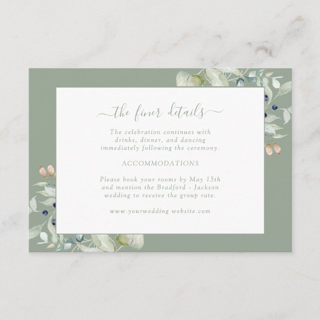 Elegant Sage Green Botanical Detail Enclosure Card (Front)