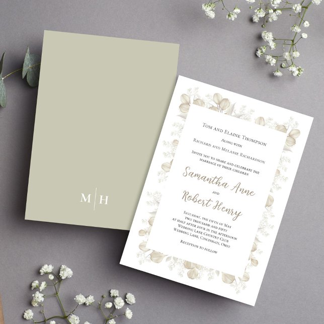 Elegant Sage Green Botanical Garden Foliage Invitation (Simple and elegant sage green and cream foliage wedding invitation.)