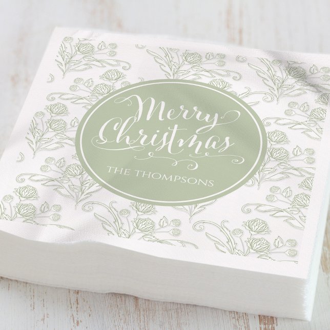 Elegant Sage Green Botanical Merry Christmas  Napkins (Elegant sage green botanical Merry Christmas personalized holiday cocktail napkin.)