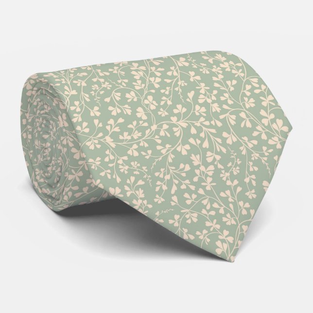 Elegant Sage Green Botanical Neck Tie (Rolled)