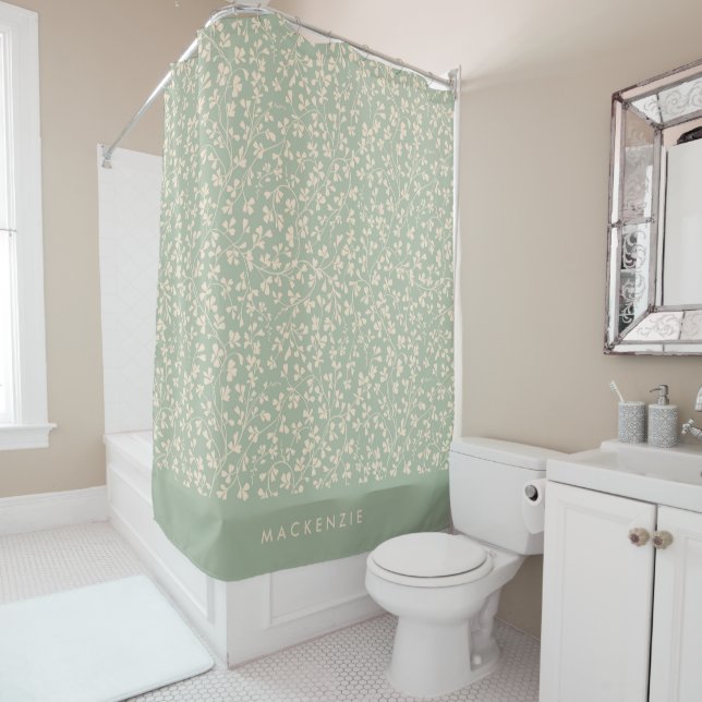 Elegant Sage Green Botanical Personalized Shower Curtain (In Situ)