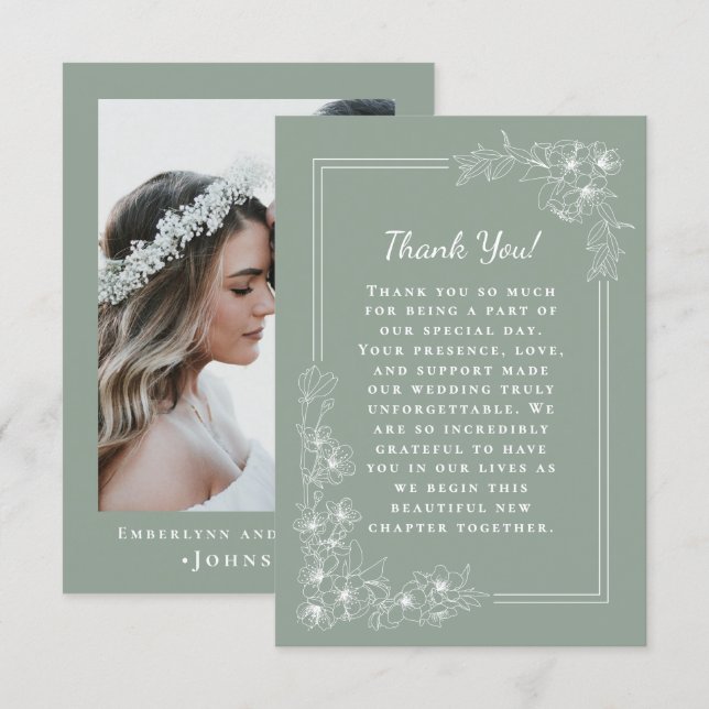 Elegant Sage Green Botanical Photo Wedding Thank You Card (Front/Back)