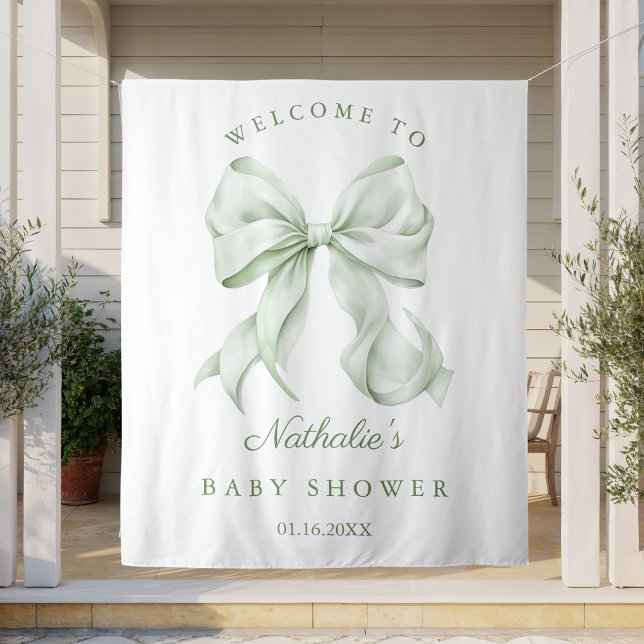 Elegant Sage Green Bow Baby Shower Backdrop (Creator Uploaded)