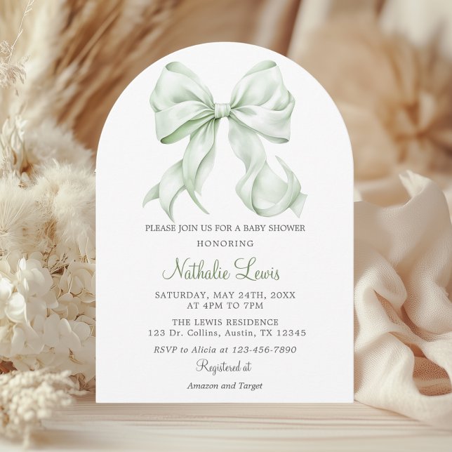 Elegant Sage Green Bow Baby Shower Gender Neutral Invitation (Creator Uploaded)