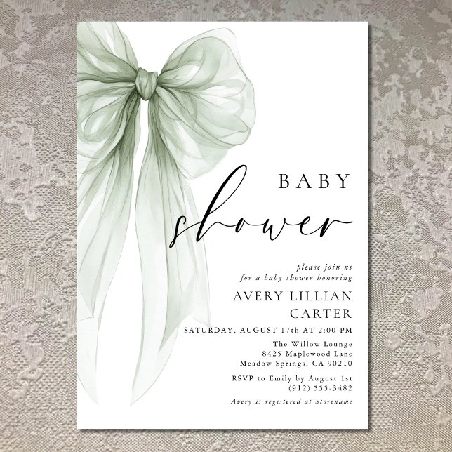 Elegant Sage Green Bow Baby Shower Invitation (Creator Uploaded)