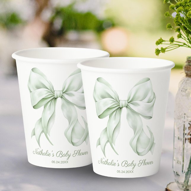 Elegant Sage Green Bow Baby Shower Paper Cups (Creator Uploaded)