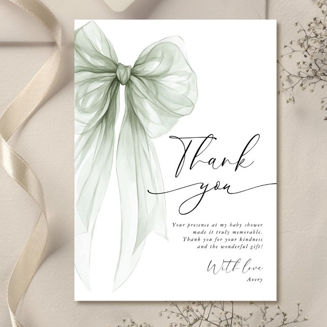 Elegant Sage Green Bow Baby Shower Thank You Card (Creator Uploaded)