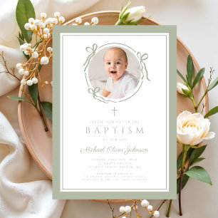 Elegant Sage Green Bow Boy Photo Baptism Invitation