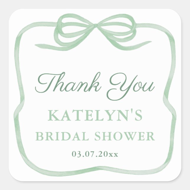 Elegant Sage Green Bow Bridal Shower Favor Square Sticker (Front)
