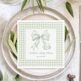 Elegant Sage Green Bow Gingham Baby Shower Napkins