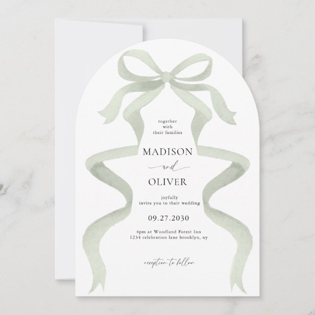 Elegant Sage Green Bow Monogram Arch Wedding Invitation (Front)