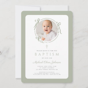 Elegant Sage Green Bow Photo Boy Baptism Invitation