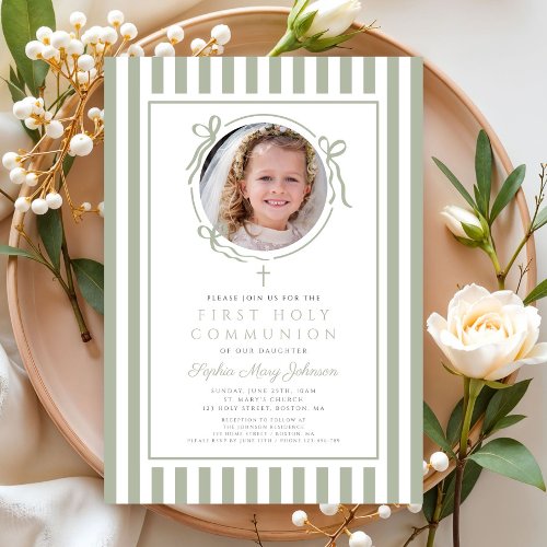 Elegant Sage Green Bow Photo Girl First Communion