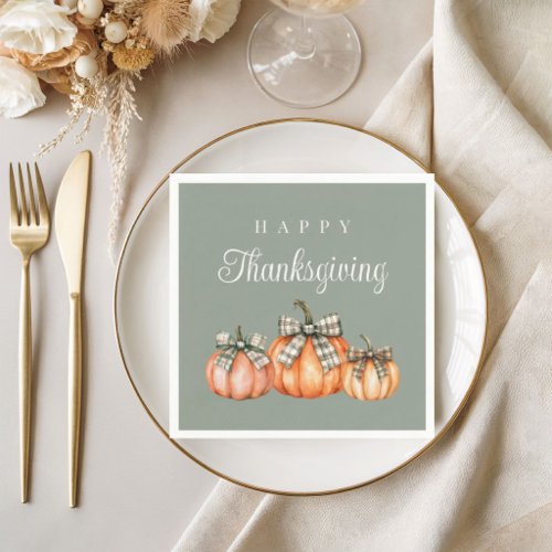 Elegant Sage GReen Bow Pumpkins Thanksgiving Napkins