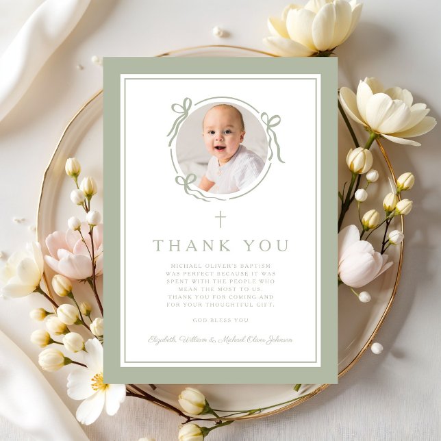 Elegant Sage Green Bow Religious Baptism Photo Thank You Card (Elegant Sage Green Bow Religious Baptism Photo Thank You Card)