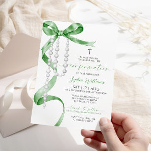 Elegant Sage Green Bow & Rosary Confirmation Invitation