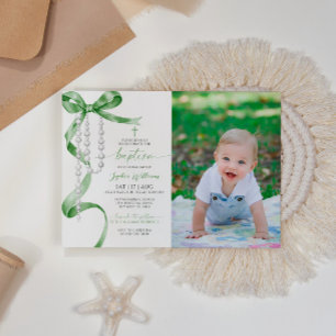 Elegant Sage Green Bow & Rosary Photo Baptism Invitation
